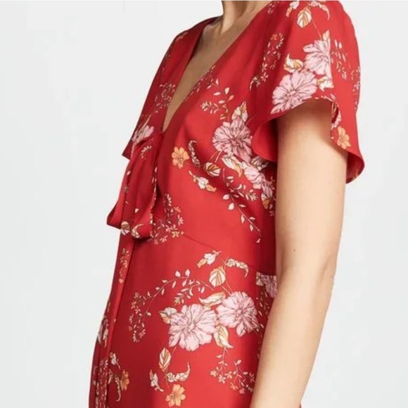 Red Floral Mini Dress with Flutter Sleeves & Ruffle Hem by BB Dakota - Size 6 - Picture 2 of 14